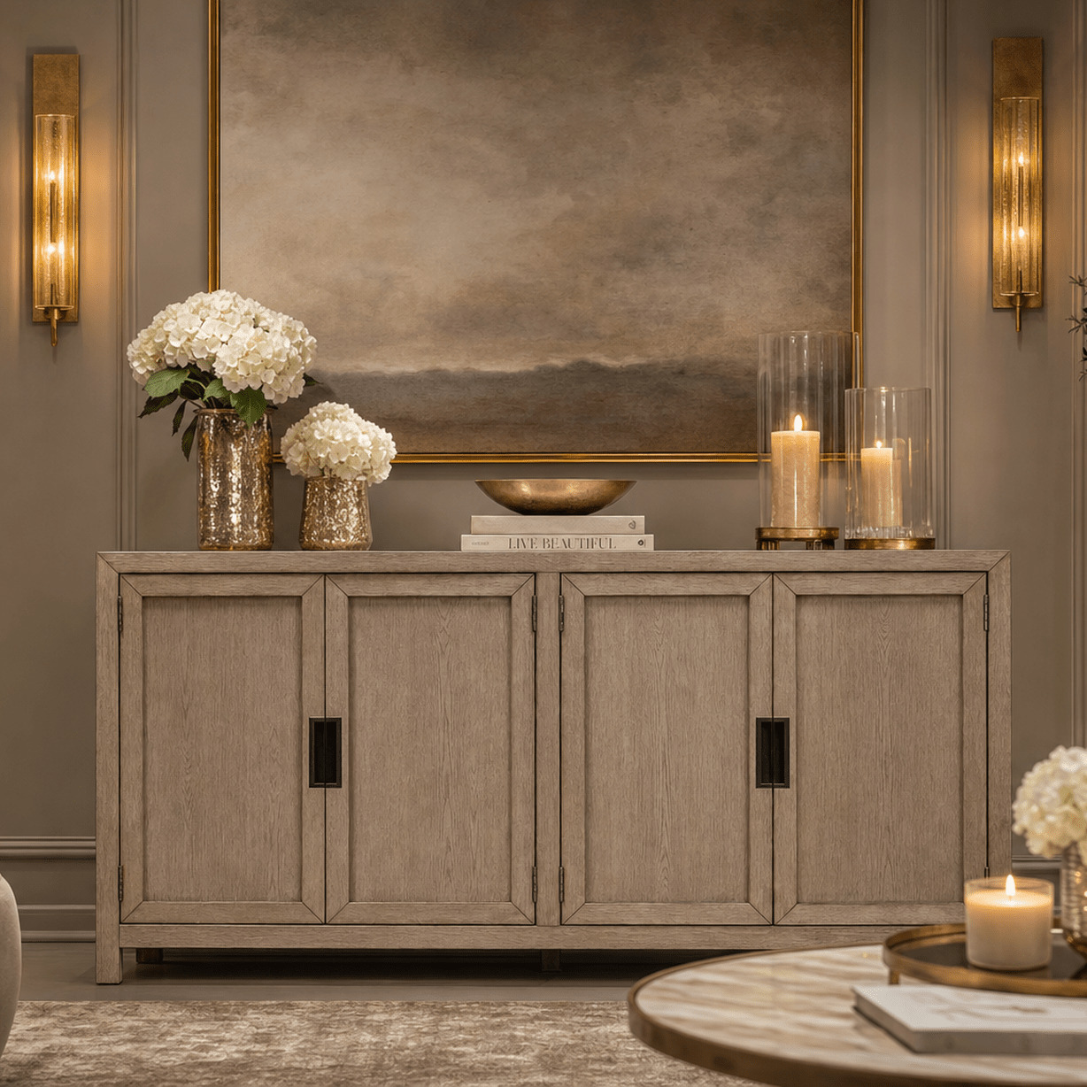 Hudson Greige Wooden 4 Door Sideboard Furniture