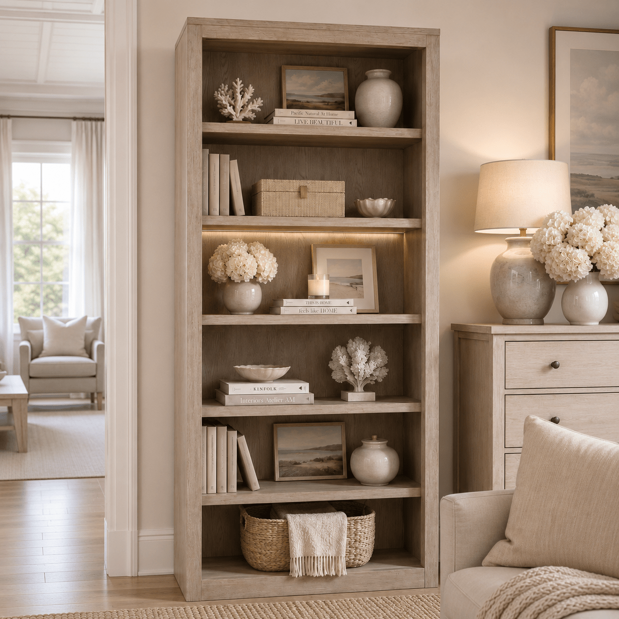 Hudson Greige Wooden Shelving Unit / Bookcase Furniture