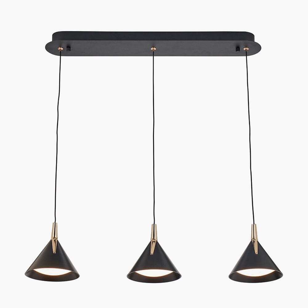Imogen Matt Black & Gold 3 Drop Linear Pendant Ceiling Light Lighting