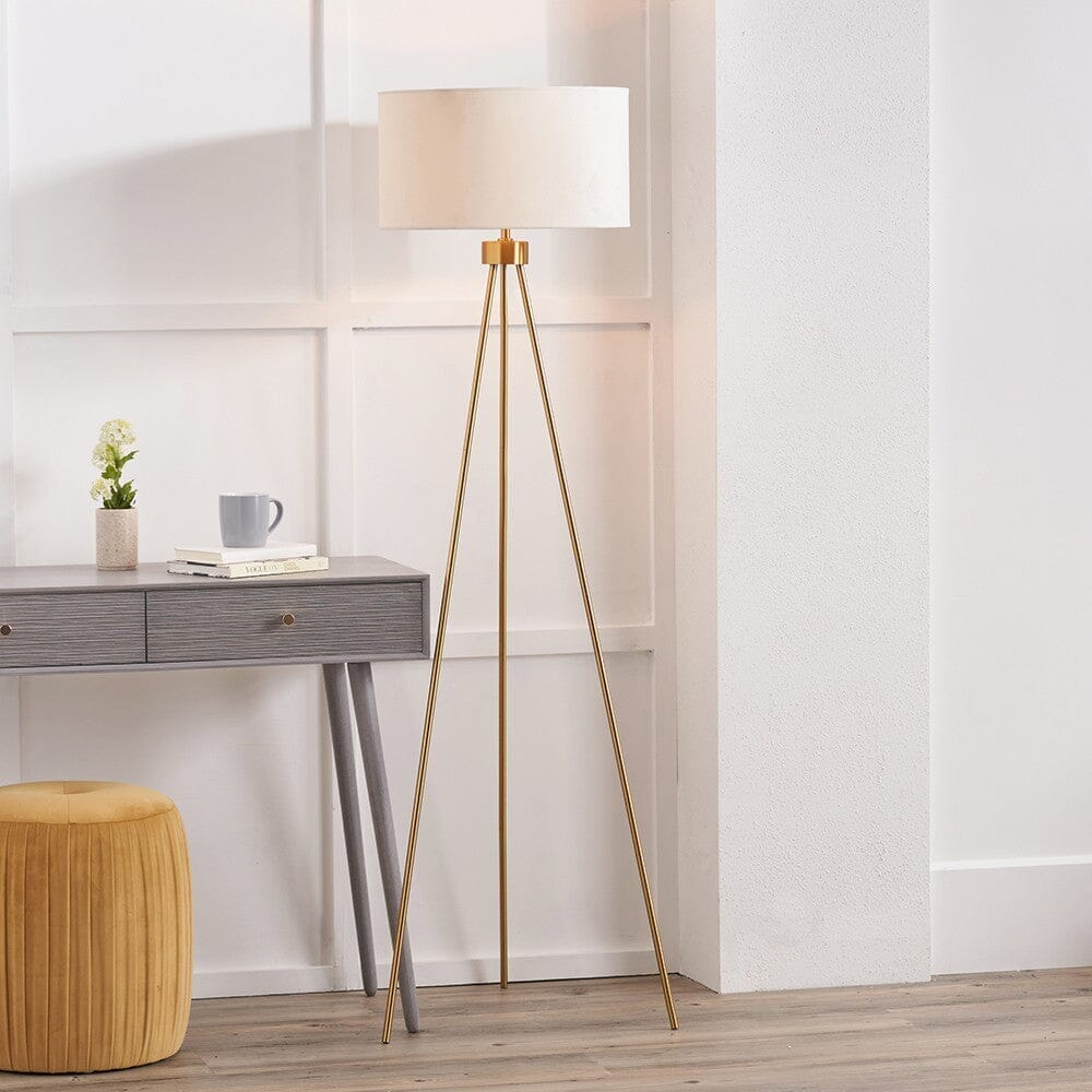 In Stock - Akira Gold Tripod Floor Lamp with Ivory Shade Lighting