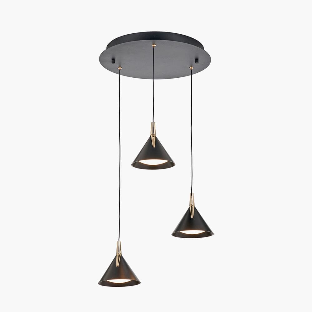 In Stock - Imogen Matt Black & Gold 3 Drop Round Pendant Ceiling Light Lighting