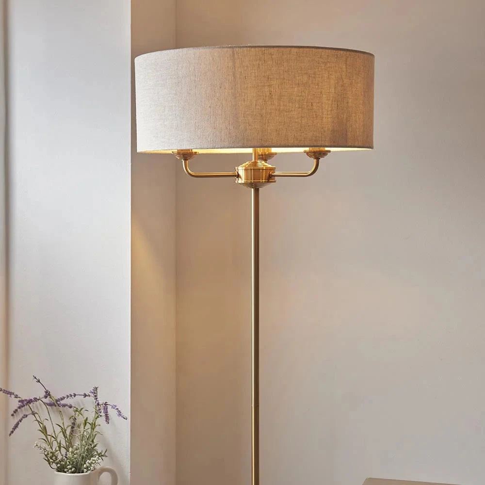 In Stock - Juniper 3 Light Brass Floor Lamp with Neutral Shade Lighting
