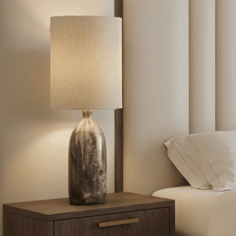 In Stock - Mireya Neutral Glass Marble Effect Table Lamp with Linen Shade Lighting