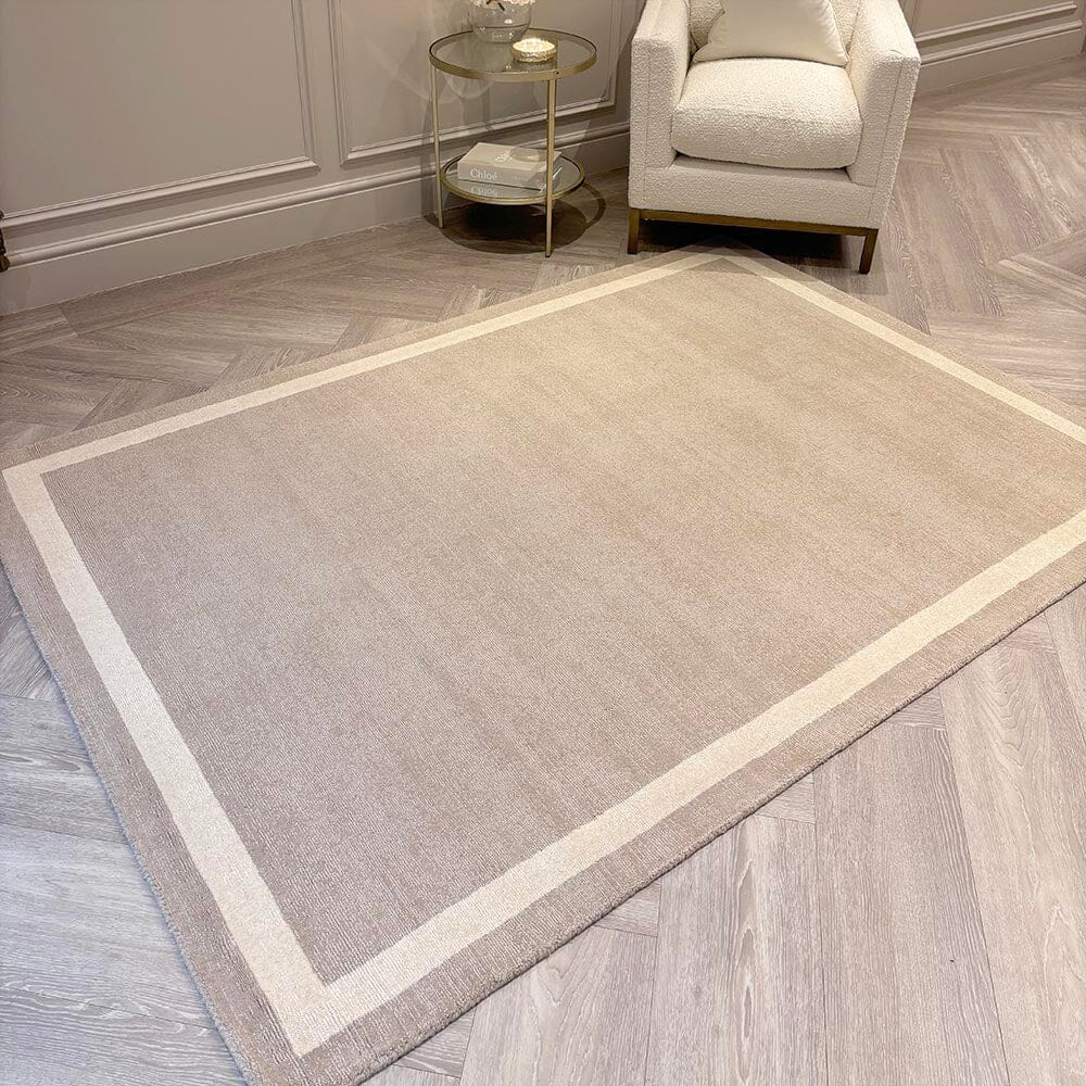 In Stock - Tamsin Taupe Wool Rug with Cream Border -160x230cm
