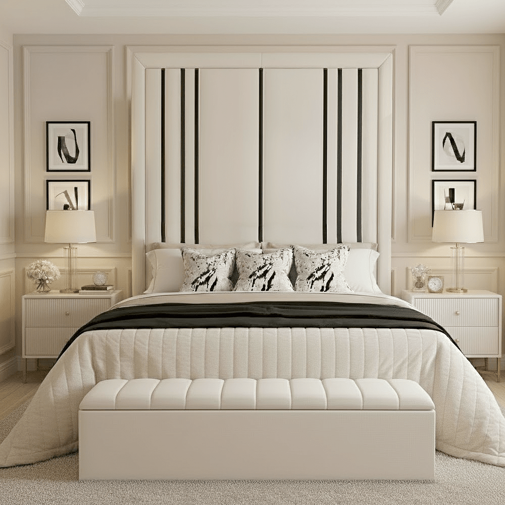 Isabelle Luxury Cream Velvet Headboard with Black Detailing Beds and Headboards