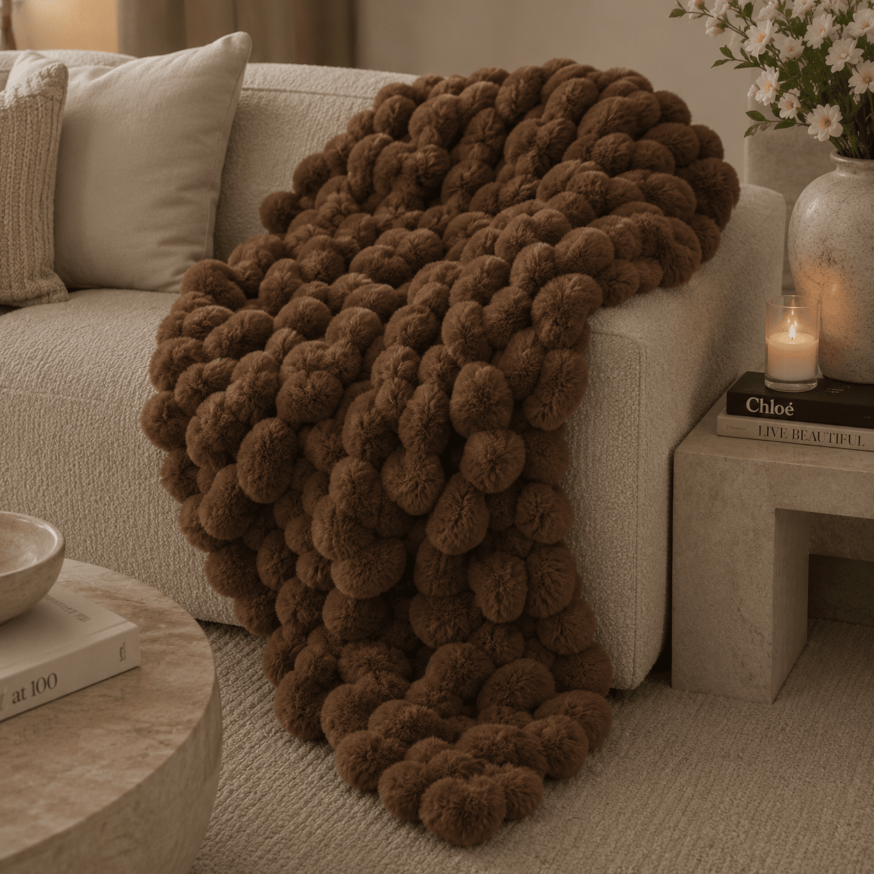Isla Chocolate Brown Chunky Ribbed Faux Fur Throw Textiles