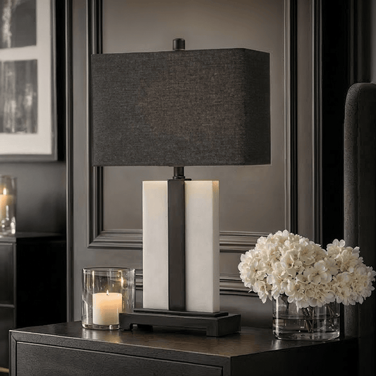 Ives Marble Base Table Lamp with Black Linen Shade Lighting