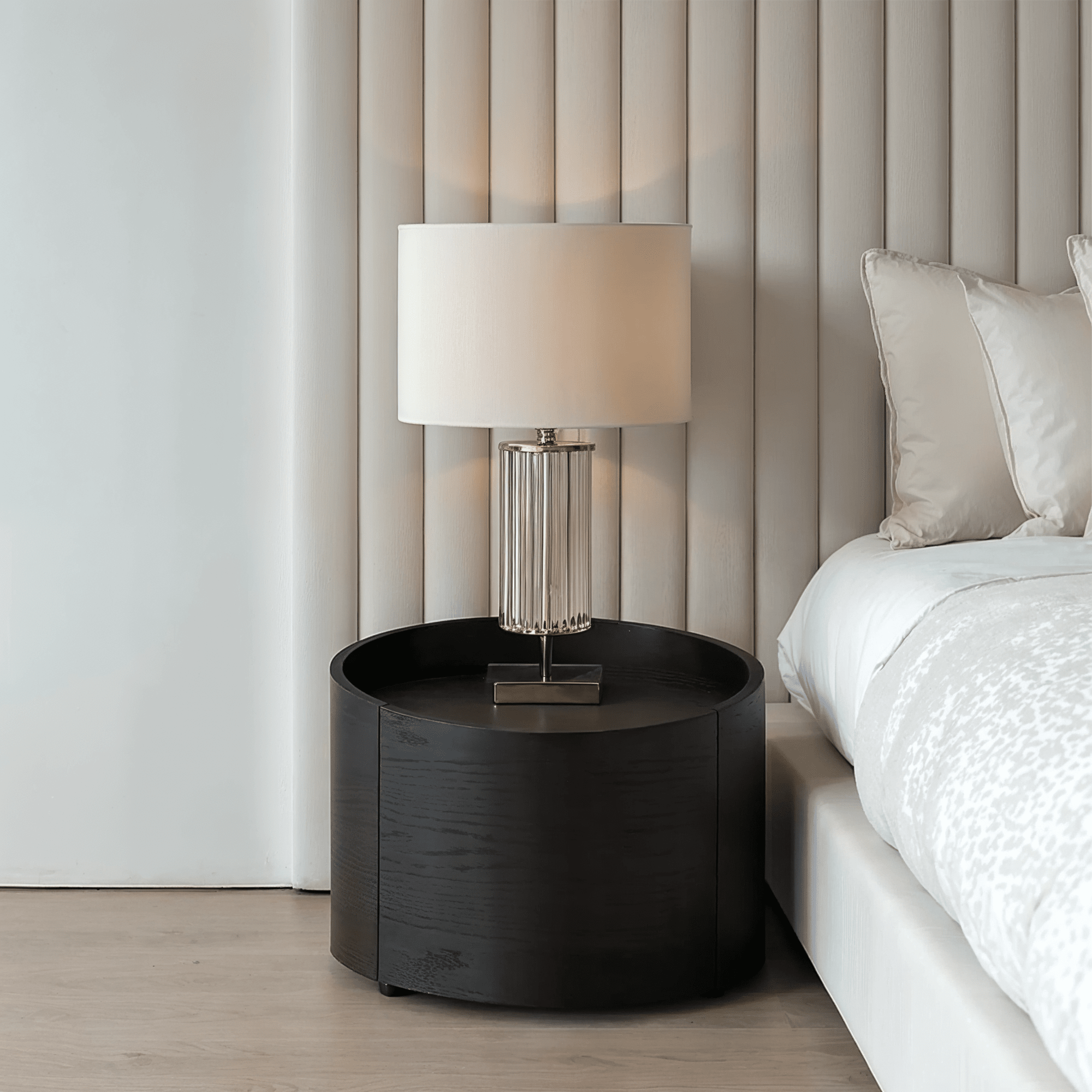 Ivillia Black Round Wooden Bedside Table Furniture