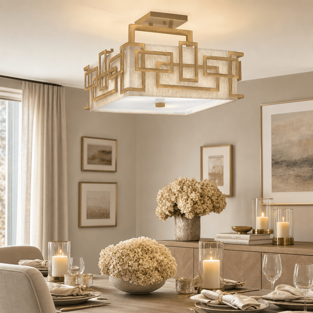 Jennifer Brushed Brass 3 Light Semi-Flush Ceiling Light with Linen Shade Lighting