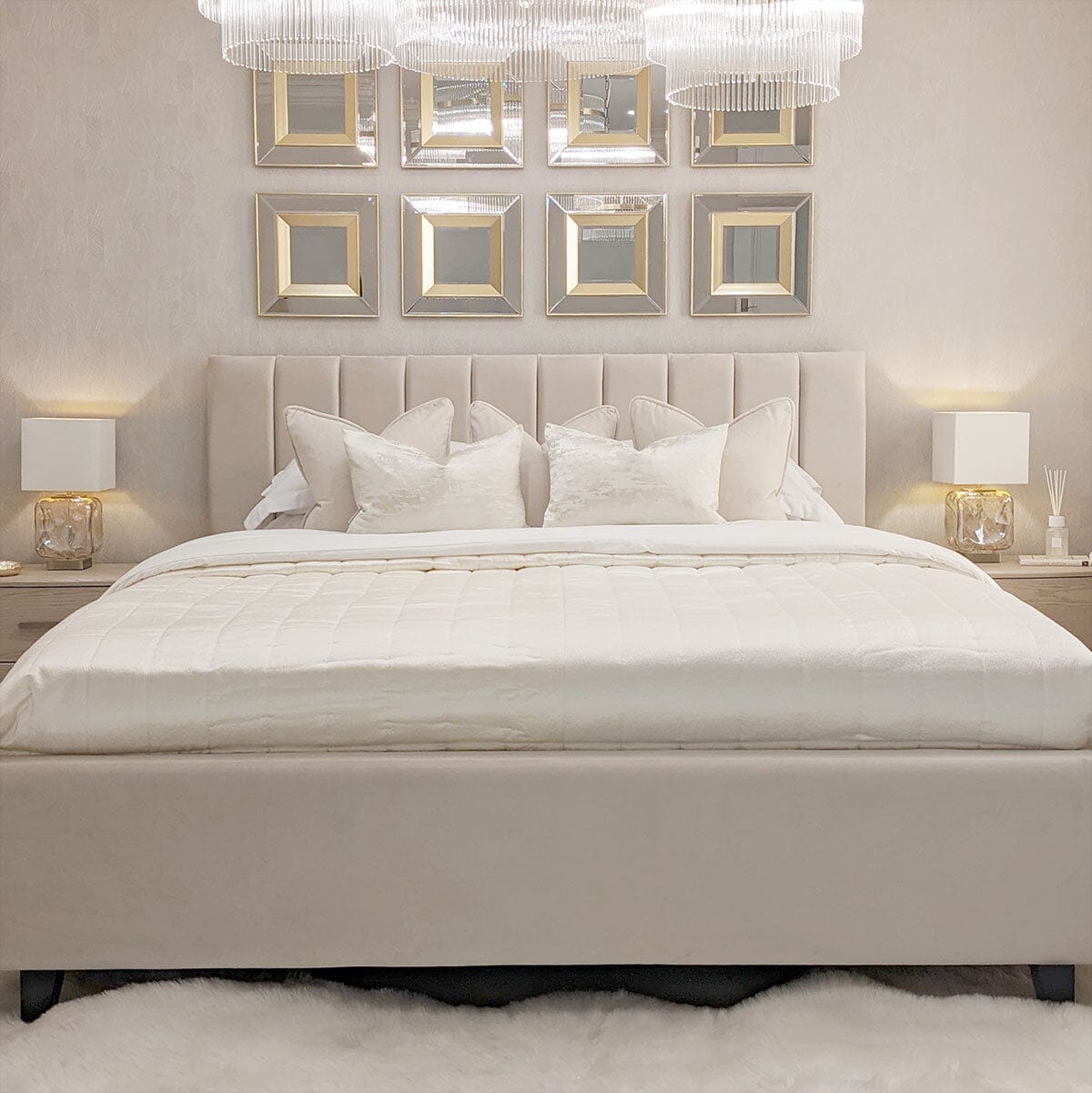 Jessabelle Luxury Vanilla Velvet Panelled Ottoman Storage Bed Beds and Headboards