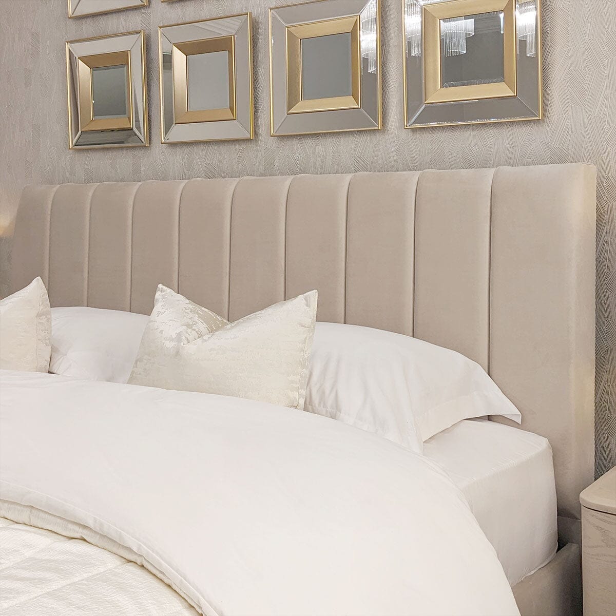 Jessabelle Luxury Vanilla Velvet Panelled Ottoman Storage Bed Beds and Headboards