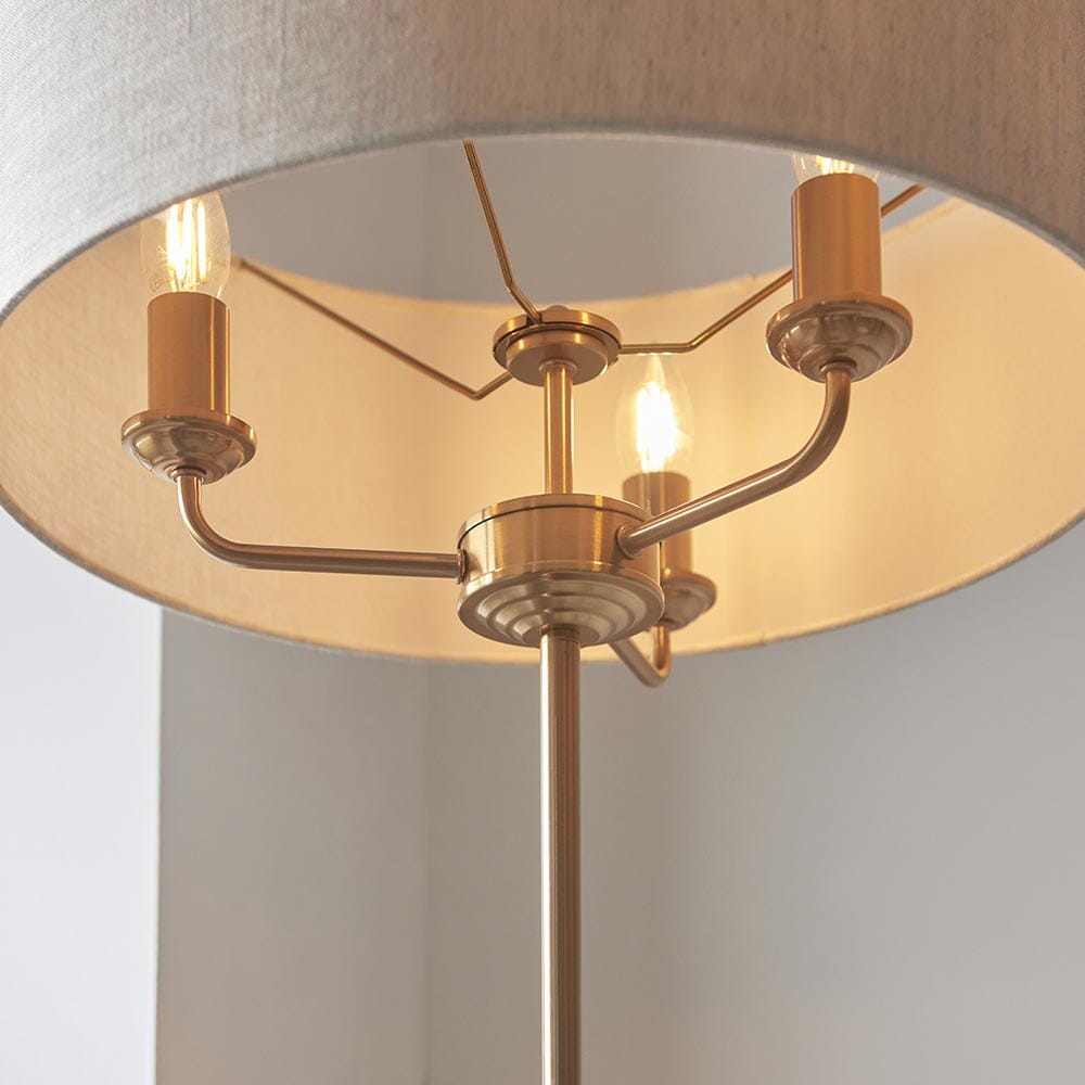Juniper 3 Light Brass Floor Lamp with Neutral Shade Lighting