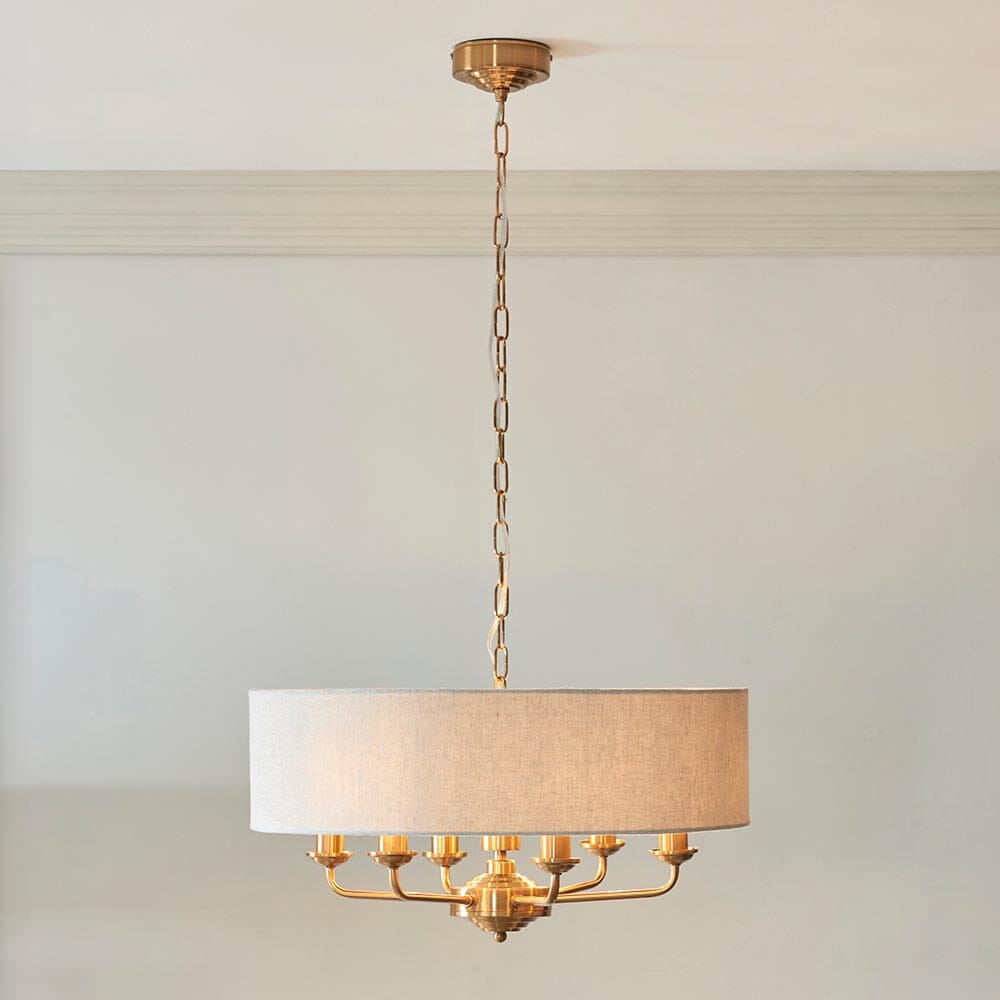 Juniper 6 Light Brass Pendant Ceiling Light with Neutral Shade Lighting