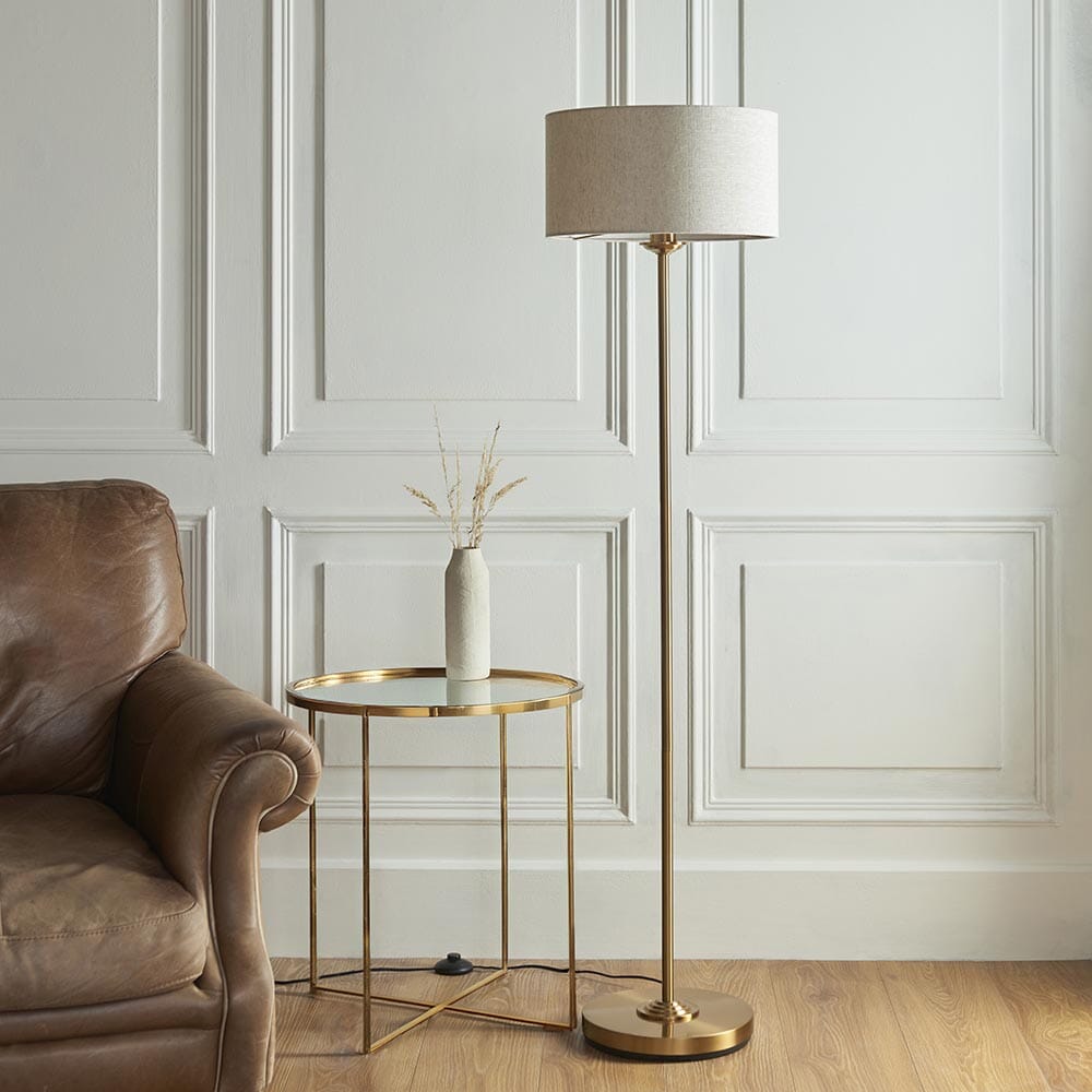 Juniper Brass Floor Lamp with Neutral Shade Lighting