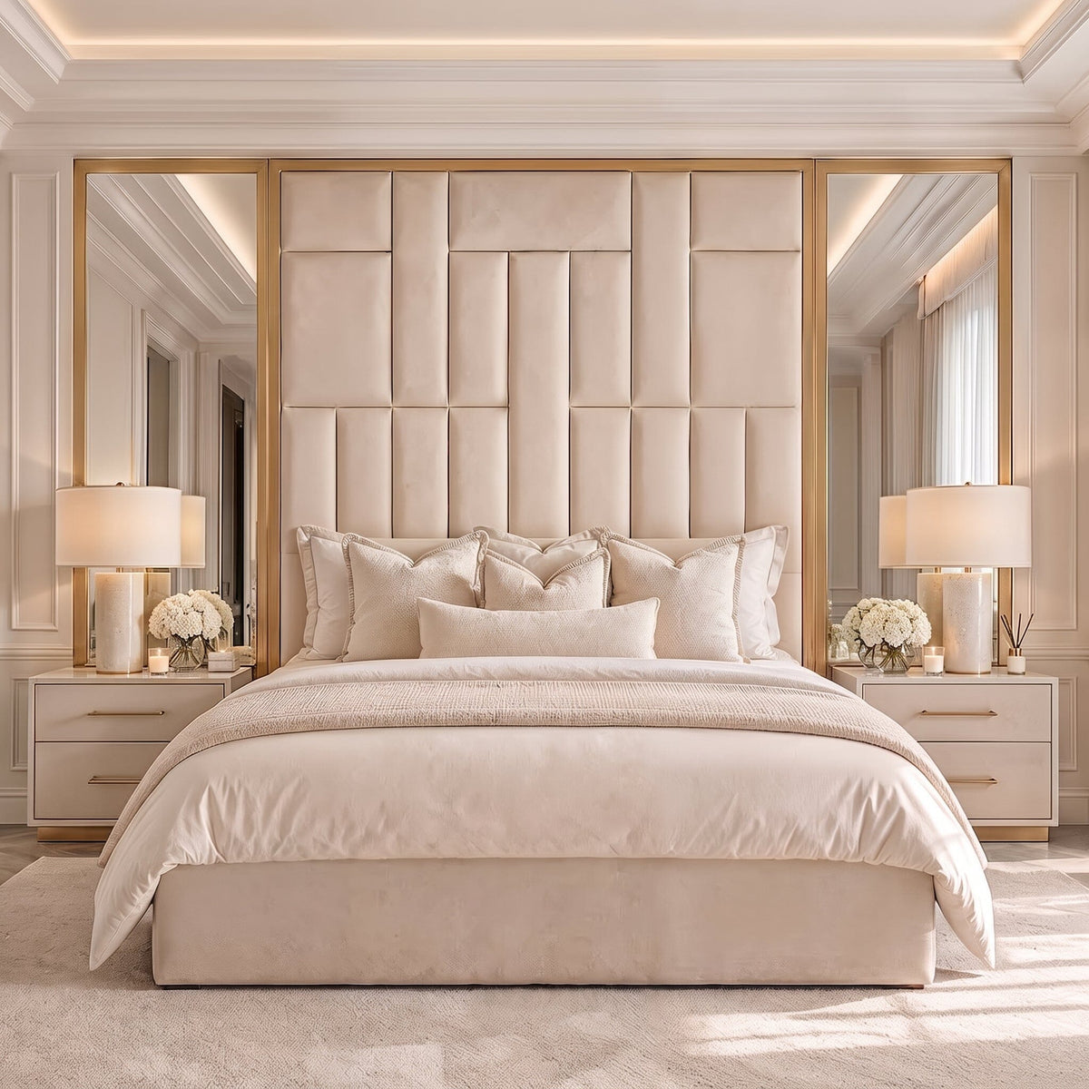 Kensington Cream & Gold Premium Abstract Headboard with Natural Mirrored Wings Beds and Headboards