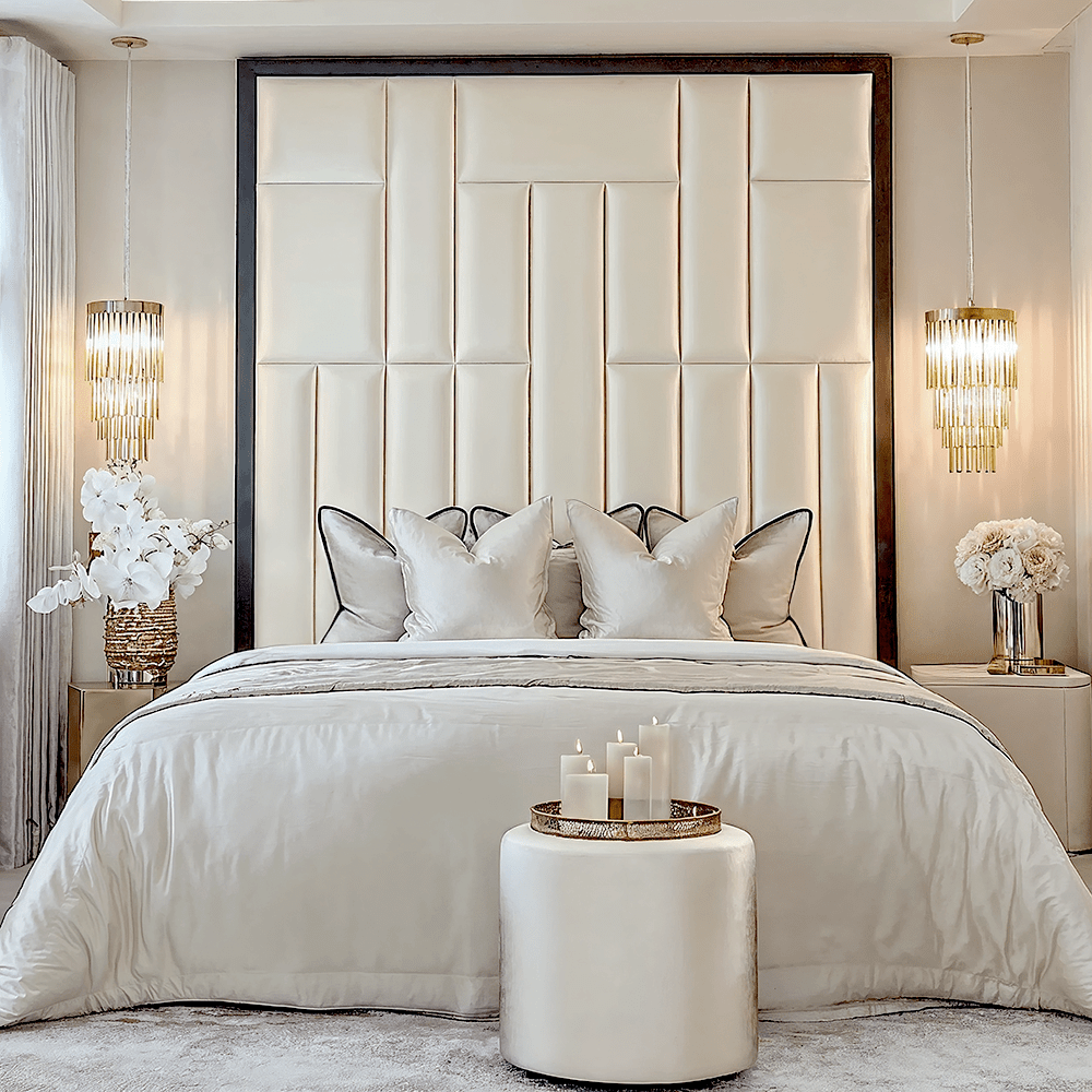 Kensington Serena Vanilla Satin Premium Headboard with Black Frame Beds and Headboards