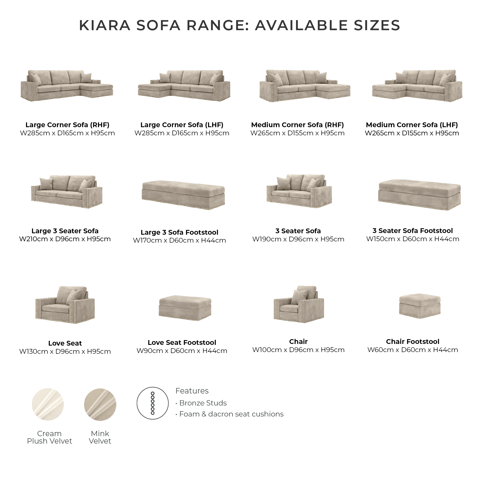 Kiara Cream Velvet Sofa Collection With Brass Studs MTO Sofa