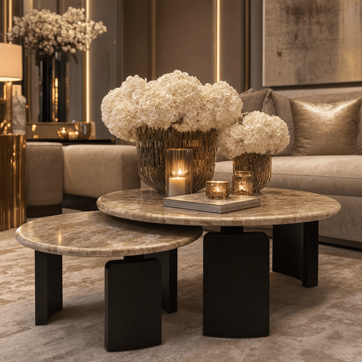 Kingsley Marble & Bronze Round Coffee Tables - Set of 2 Furniture