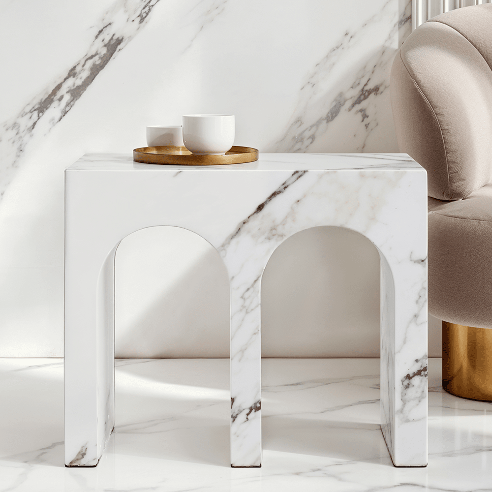 Kyoto Luxury White Marble Effect Large Arched Side Table Furniture
