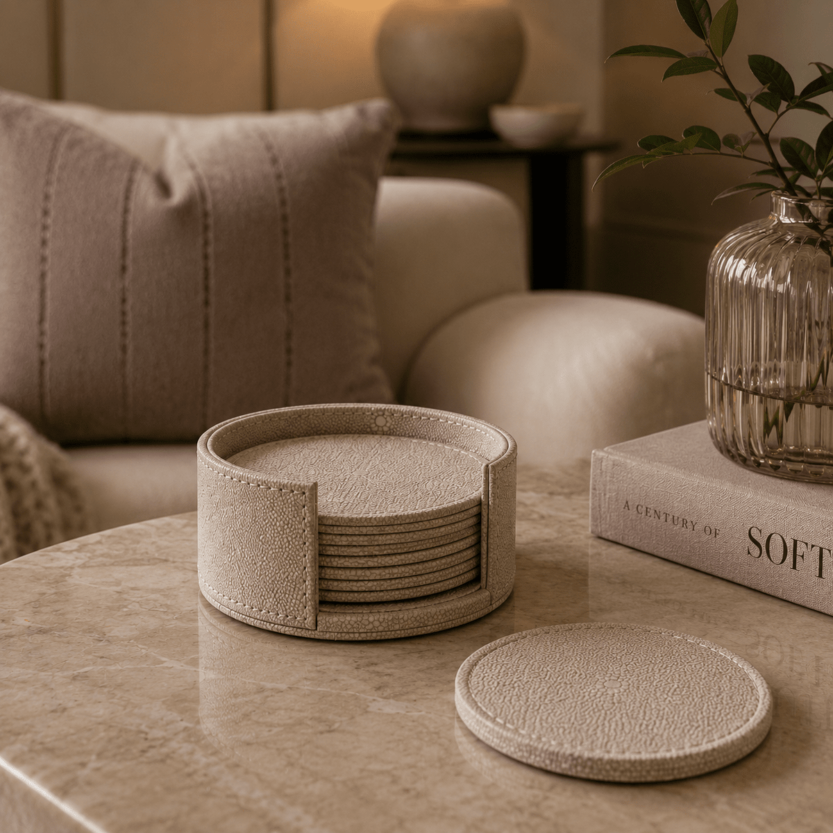Kyoto Neutral Shagreen Coasters with Holder - Set of 6 Accessories