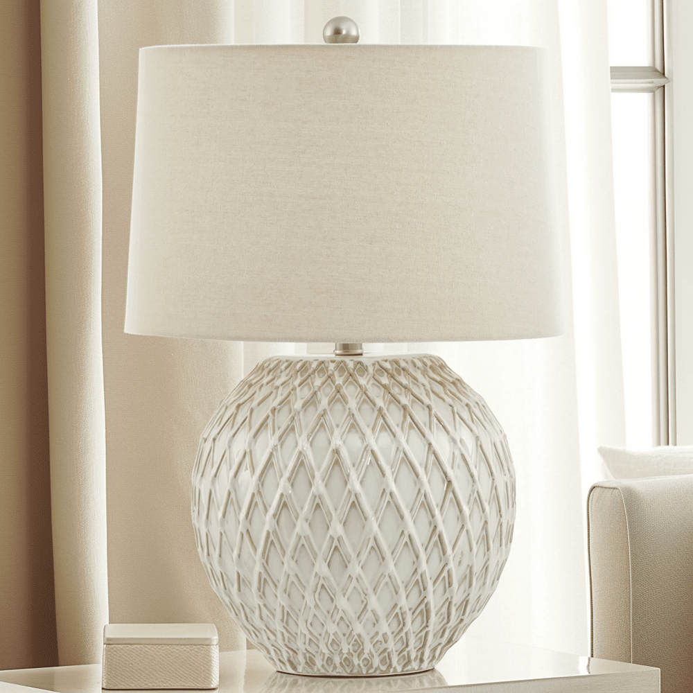 Lacy Lattice Ceramic Table Lamp with Linen Shade Lighting