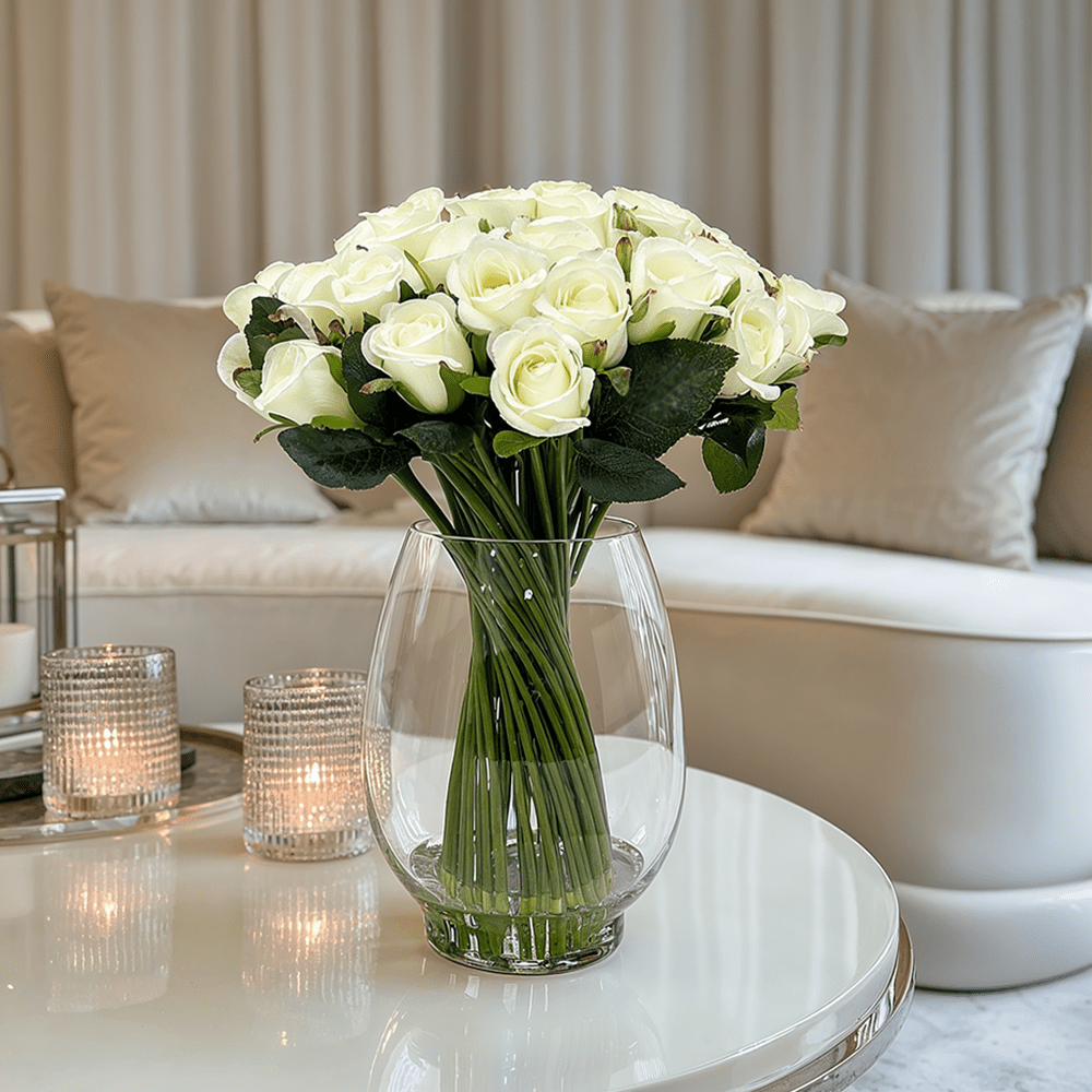 Large Cream Faux Rose Arrangement in Fishbowl Vase Accessories