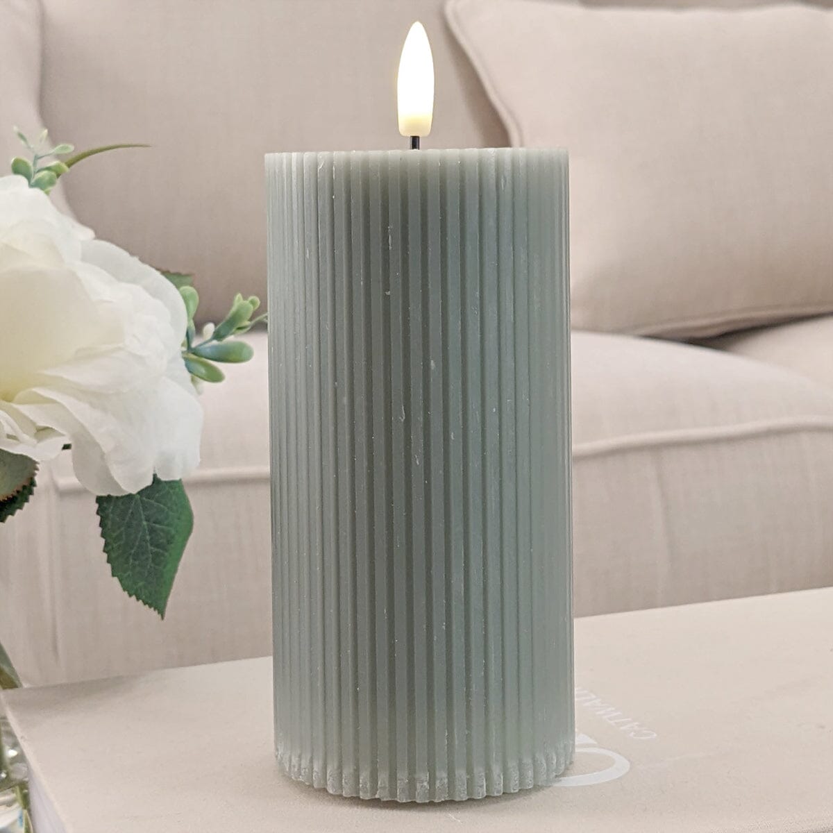 Large Sage Green Realistic Ribbed LED Candle Fragrance