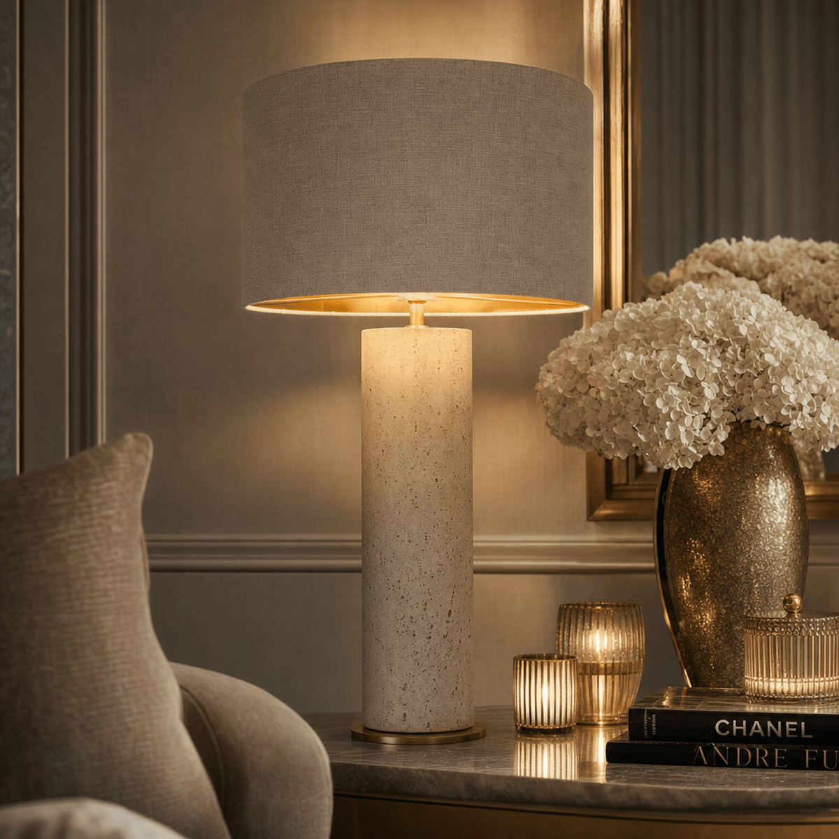 Leonor Travertine Table Lamp with Linen Shade Lighting