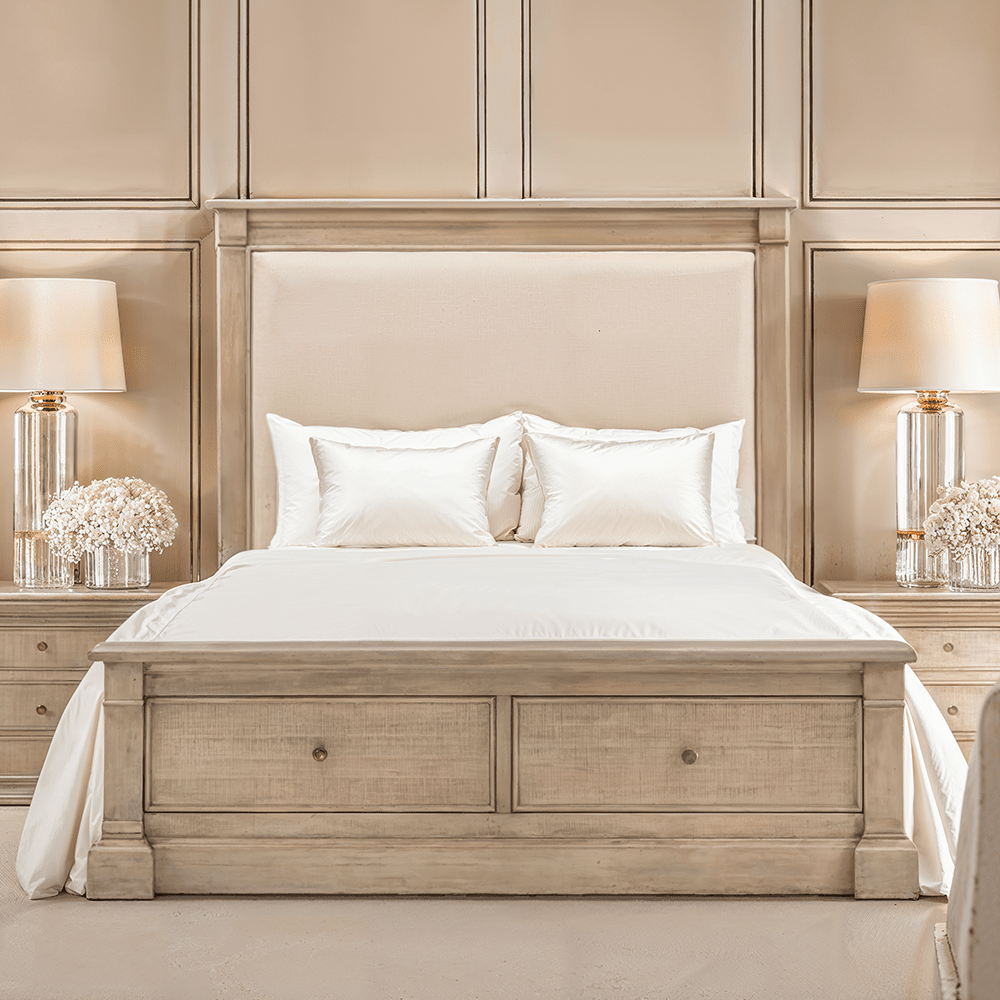 Lilliana Luxury Cream Linen & Wood Bed with Drawer Storage Beds and Headboards