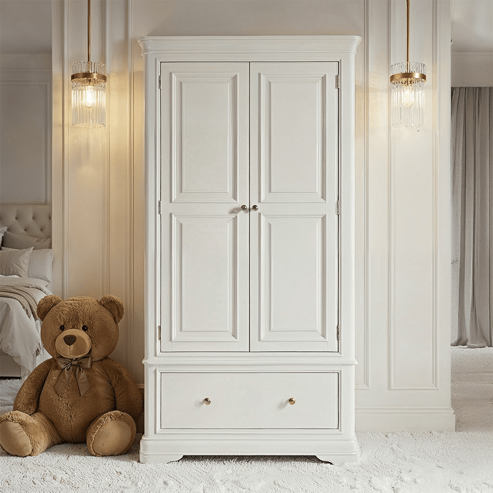 Louvre White Wooden 2 Door 1 Drawer Wardrobe Furniture