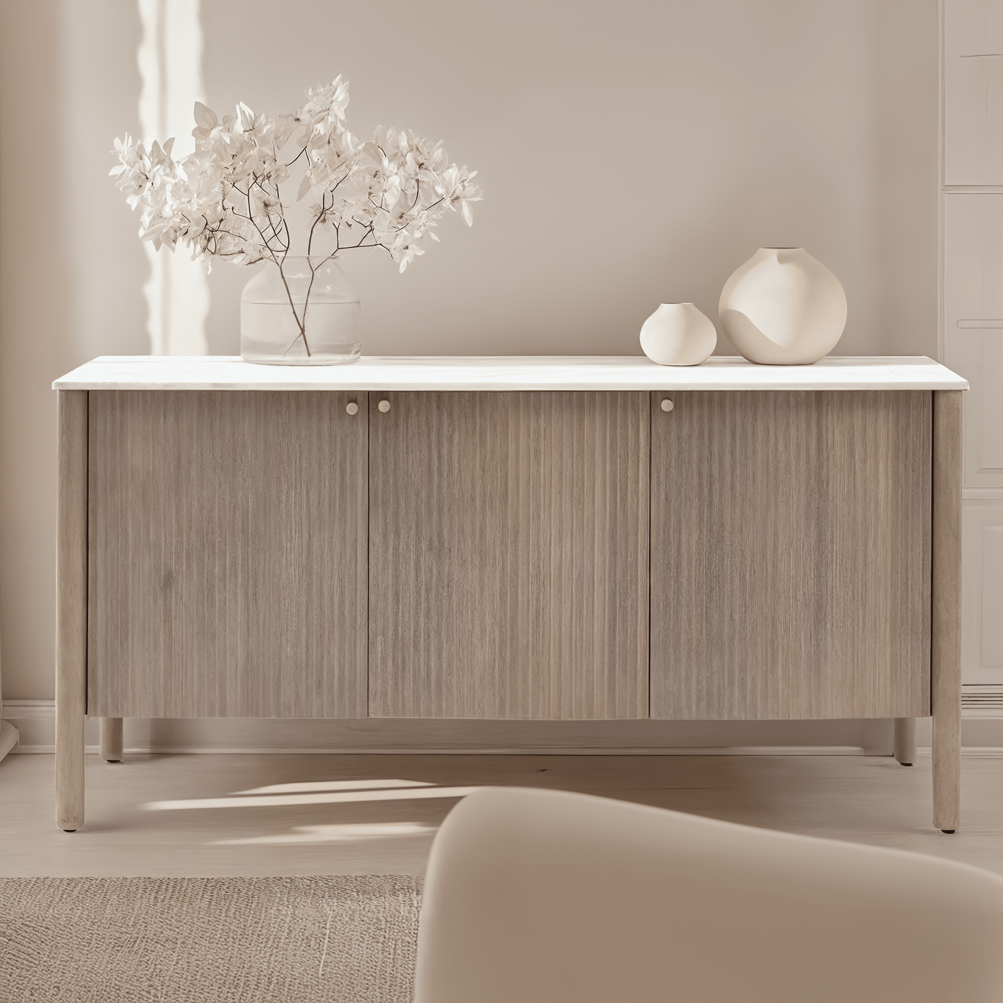 Luna Mango Wood Ribbed 3 Door Sideboard with Marble Top Furniture