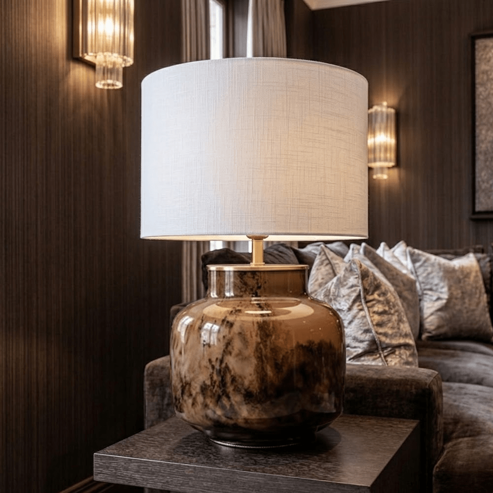 Lunara Brown Marble Effect Glass Table Lamp with White Shade Lighting