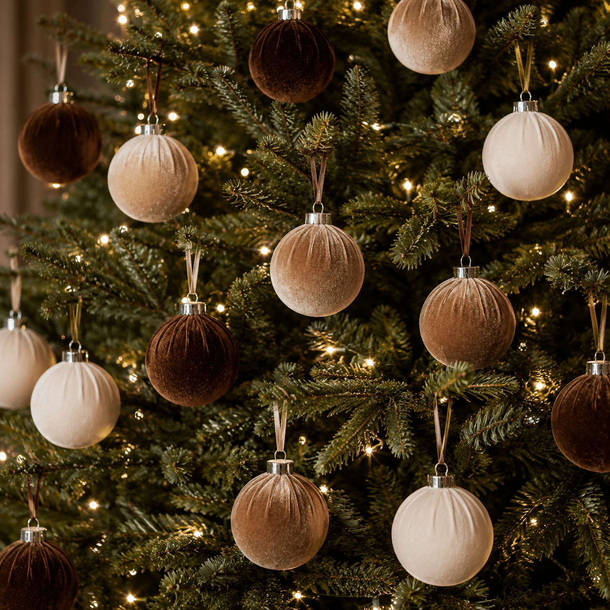 Luxury Brown & Cream Velvet Baubles - Set of 15 Accessories