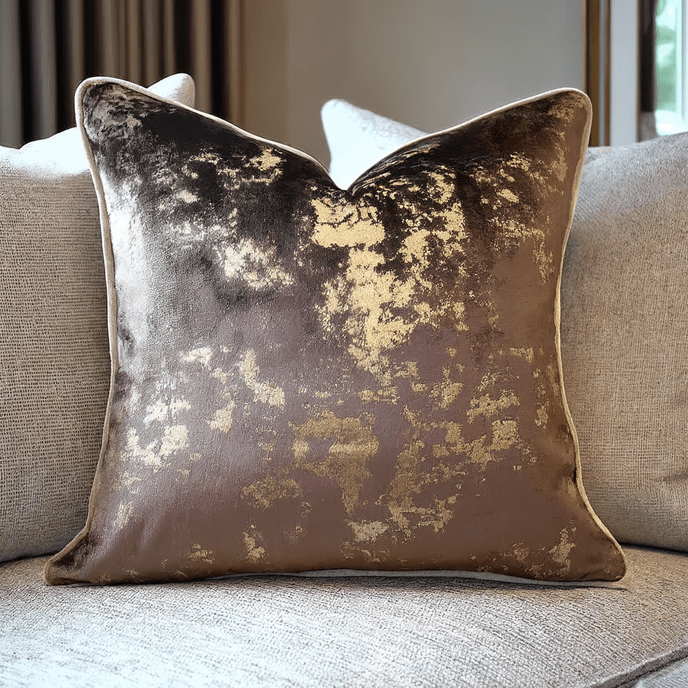 Mabel Chocolate & Gold Abstract Cushion - 43x43cm Textiles