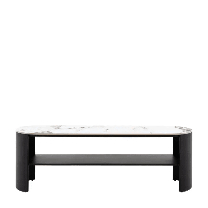 Macie Black Curved Media Unit with Marble Top Furniture