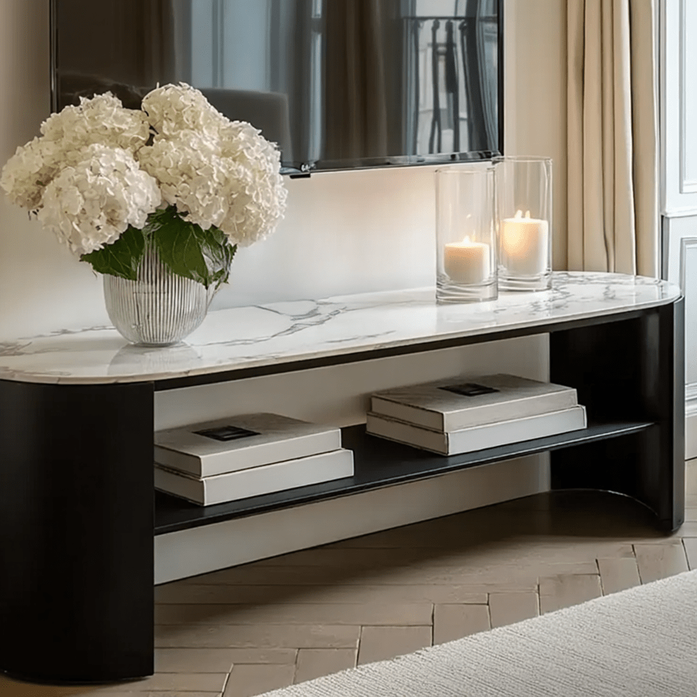 Macie Black Curved Media Unit with Marble Top Furniture