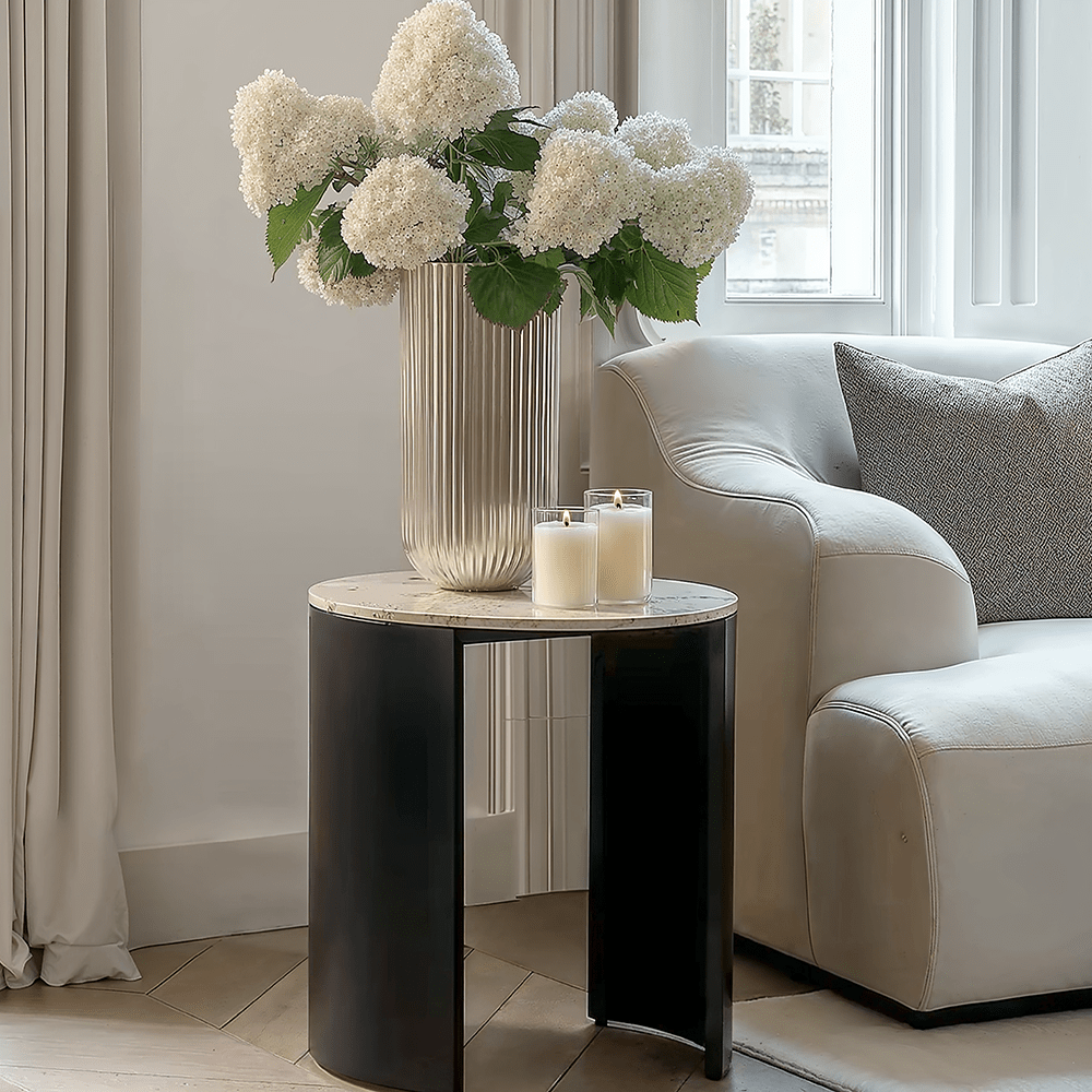 Macie Black Curved Side Table with Marble Top Furniture