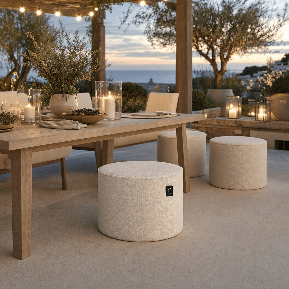 Maldives Outdoor Heated Cream Textured Large Round Stool Outdoor