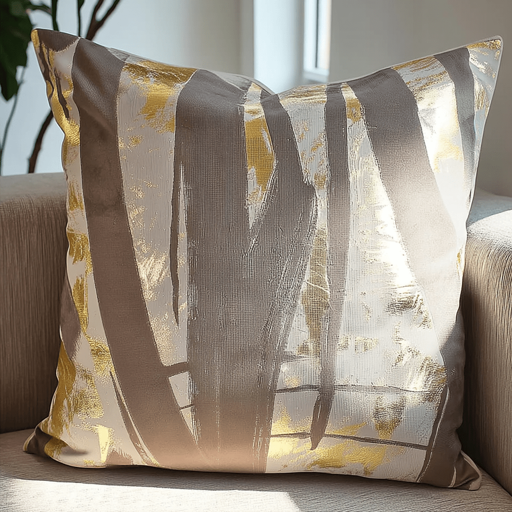 Maple Brown & Gold Metallic Brushstroke Effect Cushion - 50x50cm Textiles