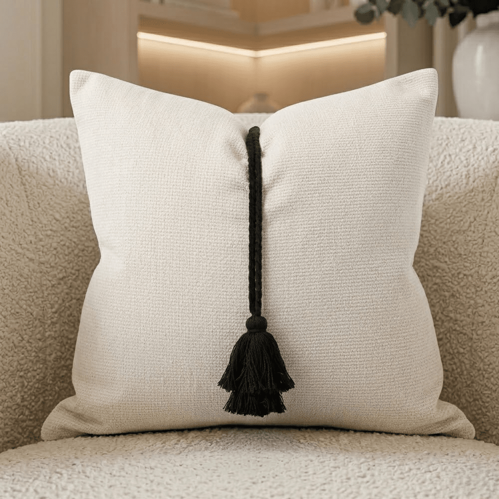 Maxone Cream & Black Tassel Detail Cushion- 45x45cm