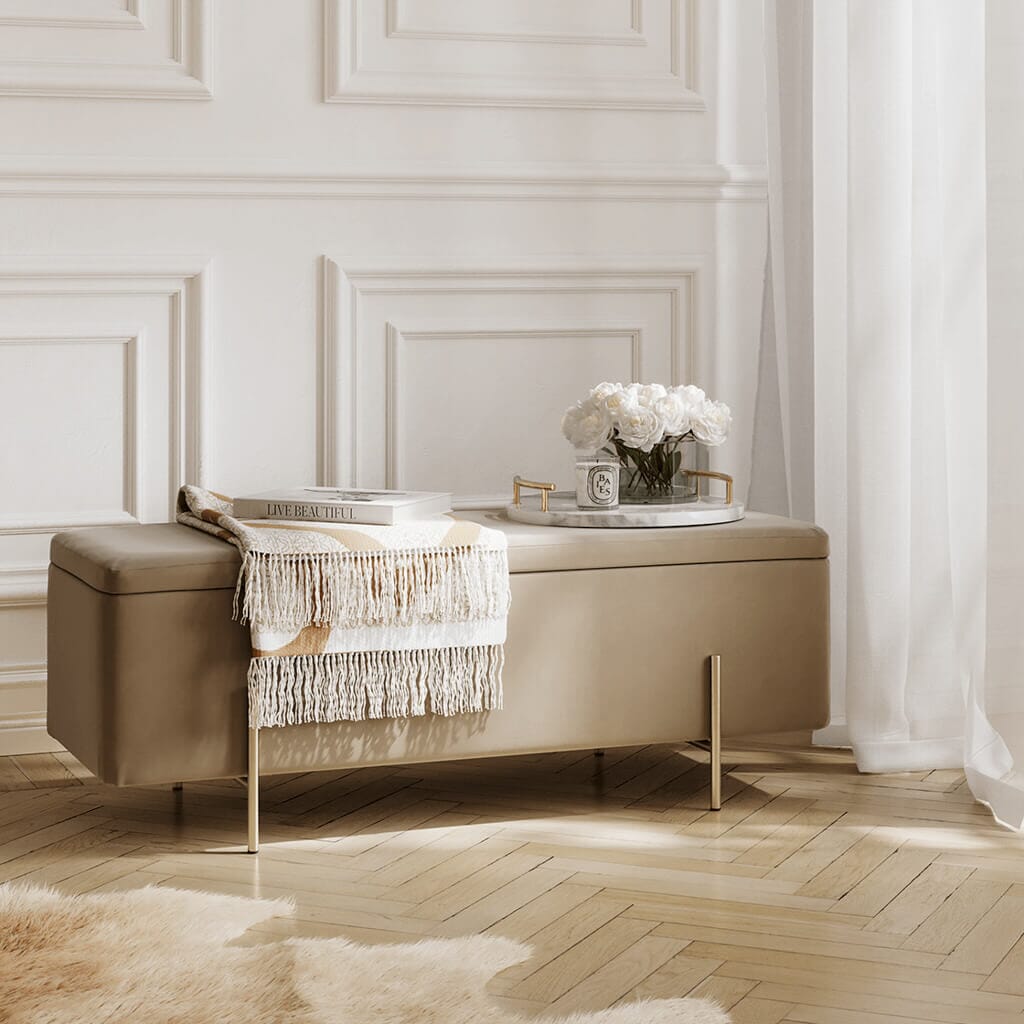 Maya Beige Velvet Ottoman Box with Gold Feet Furniture