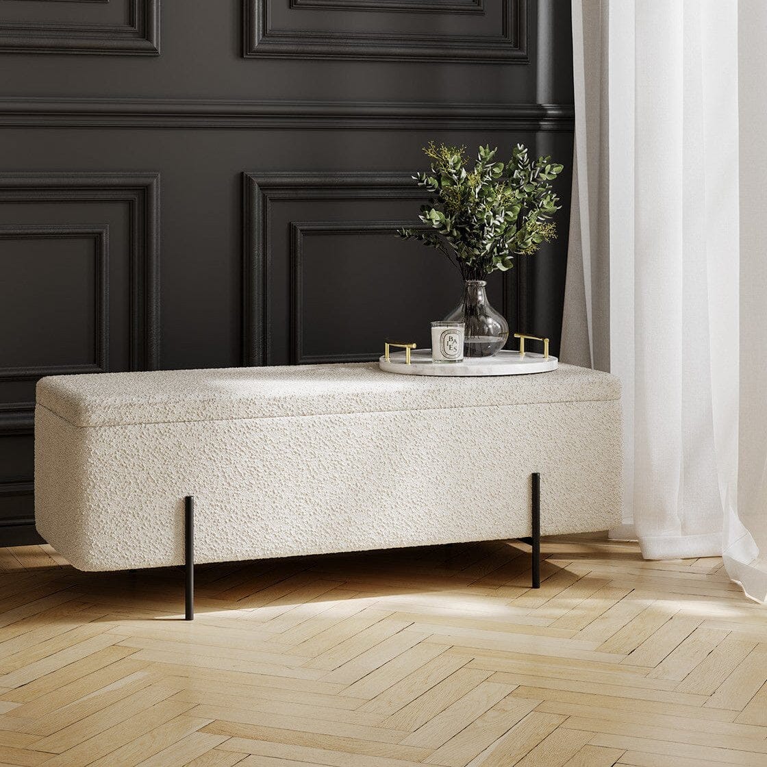 Maya Cream Boucle Ottoman Box with Black Feet Furniture