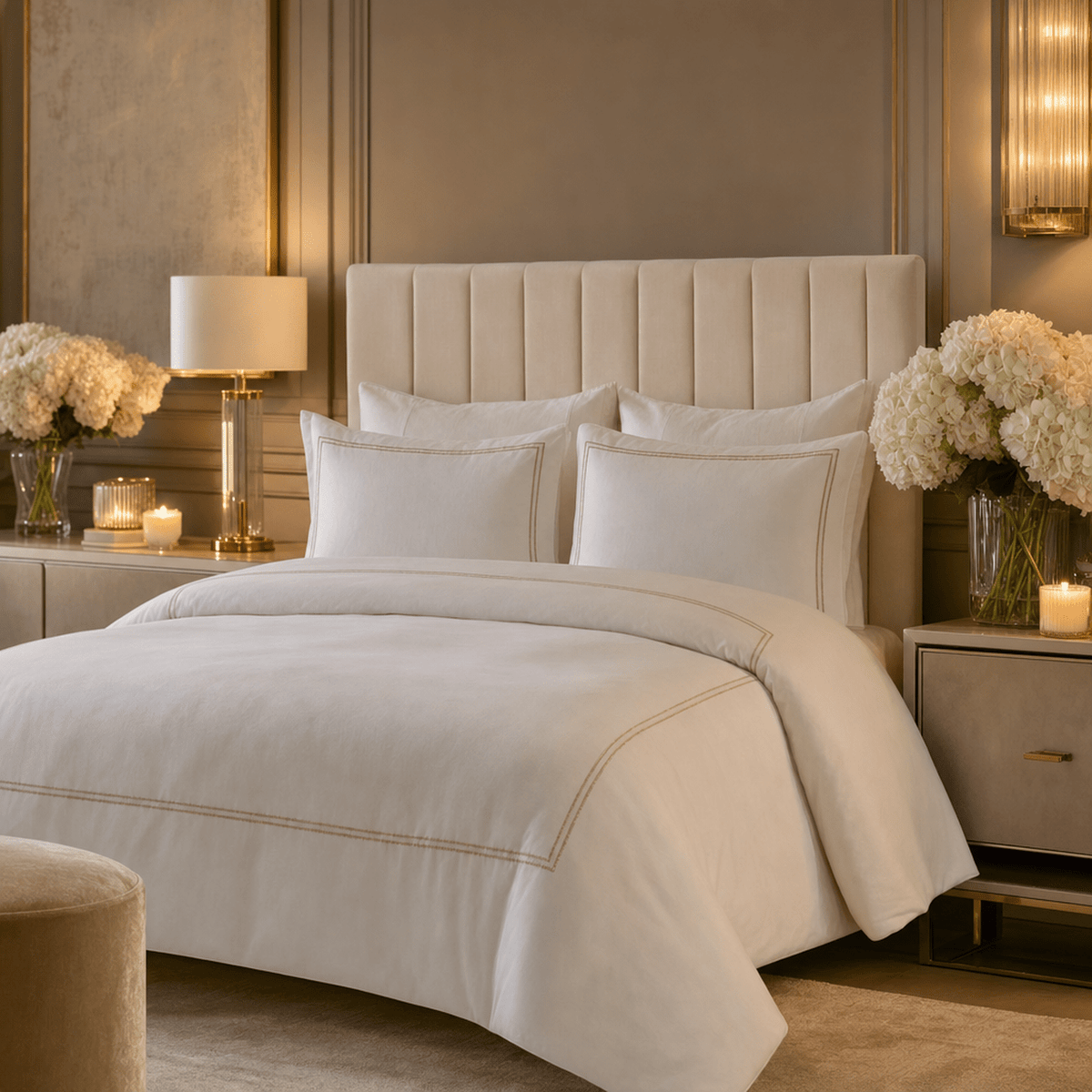 Meghan Champagne Embroidered Double Stitch Detail Duvet Set Textiles