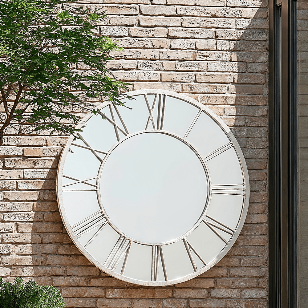 Menton White distressed Outdoor Clock Style Mirror Outdoor