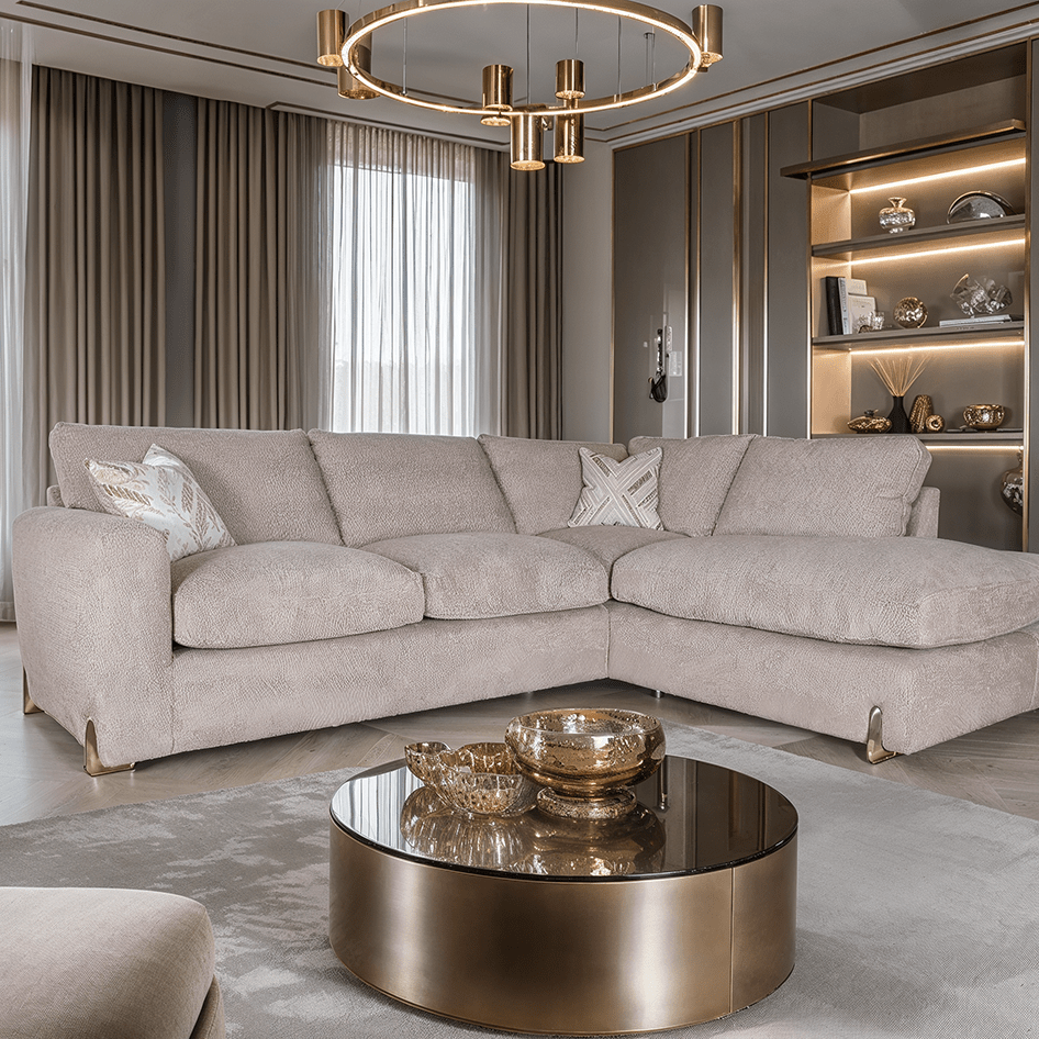 Mila Taupe Soft Textured Sofa Range with Gold Feet Sofa Large Right Hand Facing Standard Back