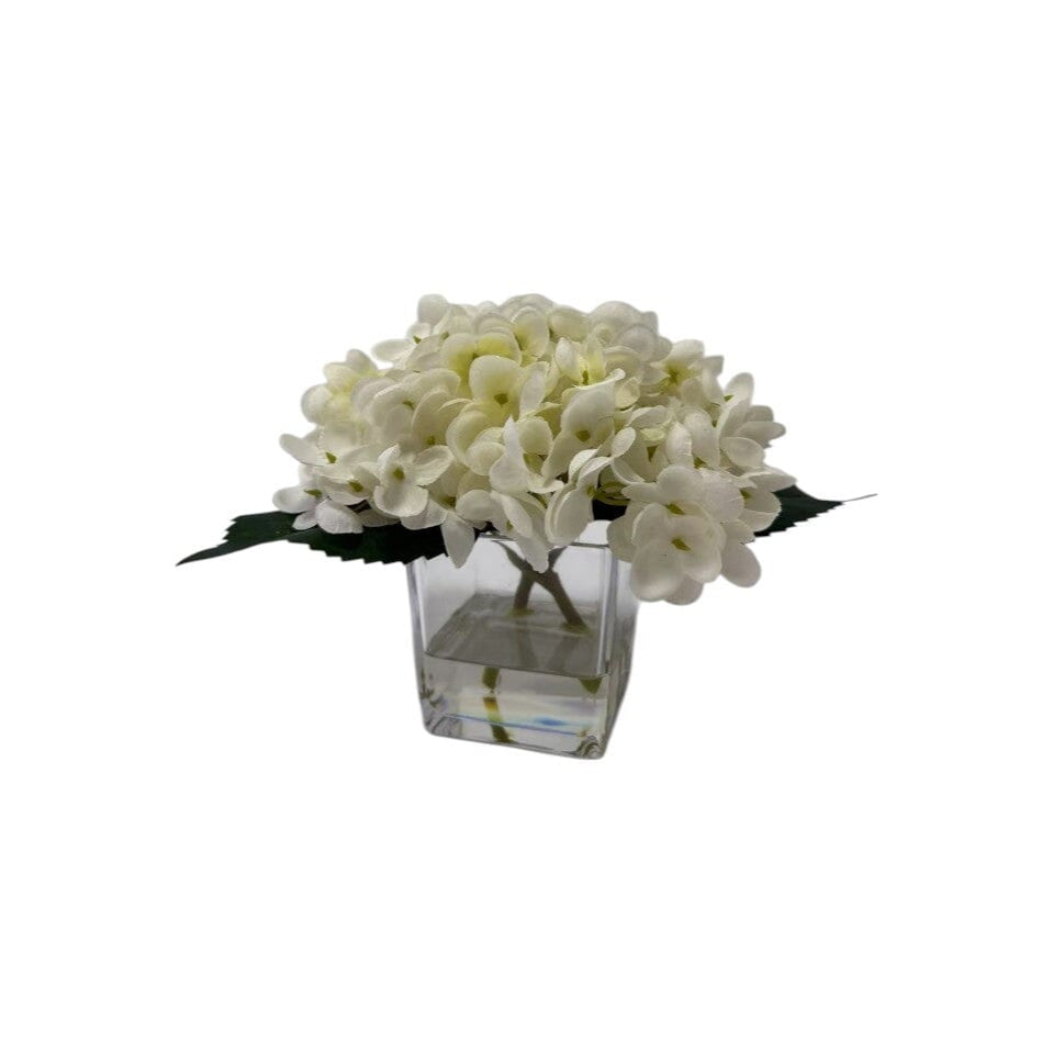 Mini Faux Cream Hydrangeas Floral Arrangement in Square Glass Vase Accessories