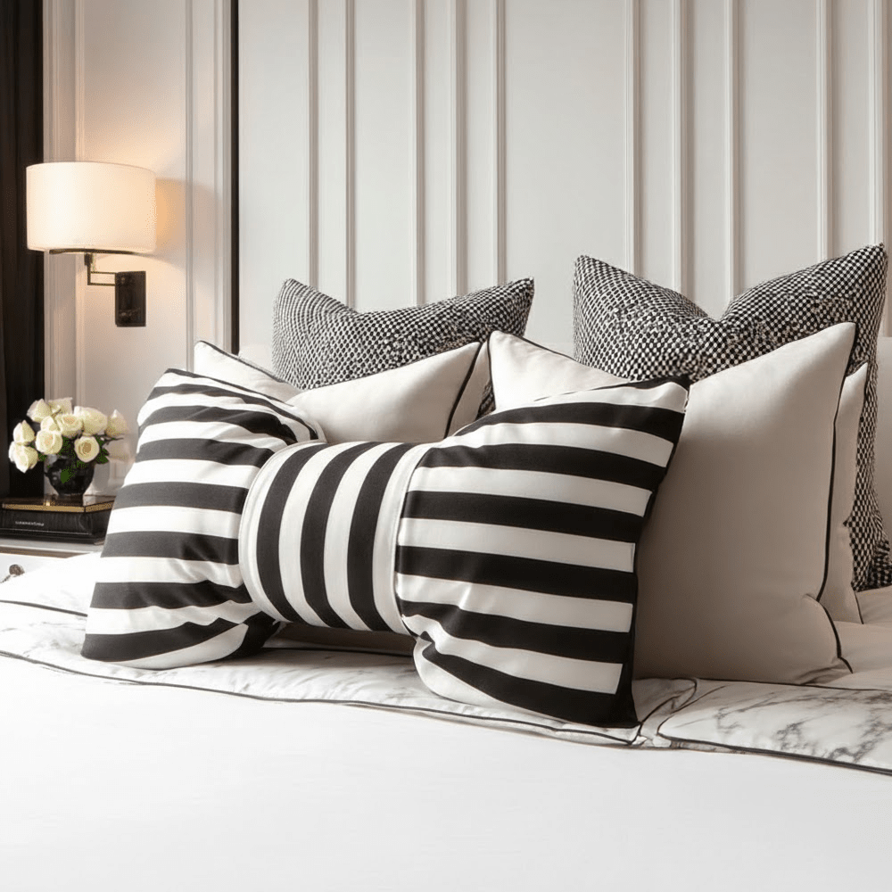Mollie Monochrome Striped Bow Cushion Textiles