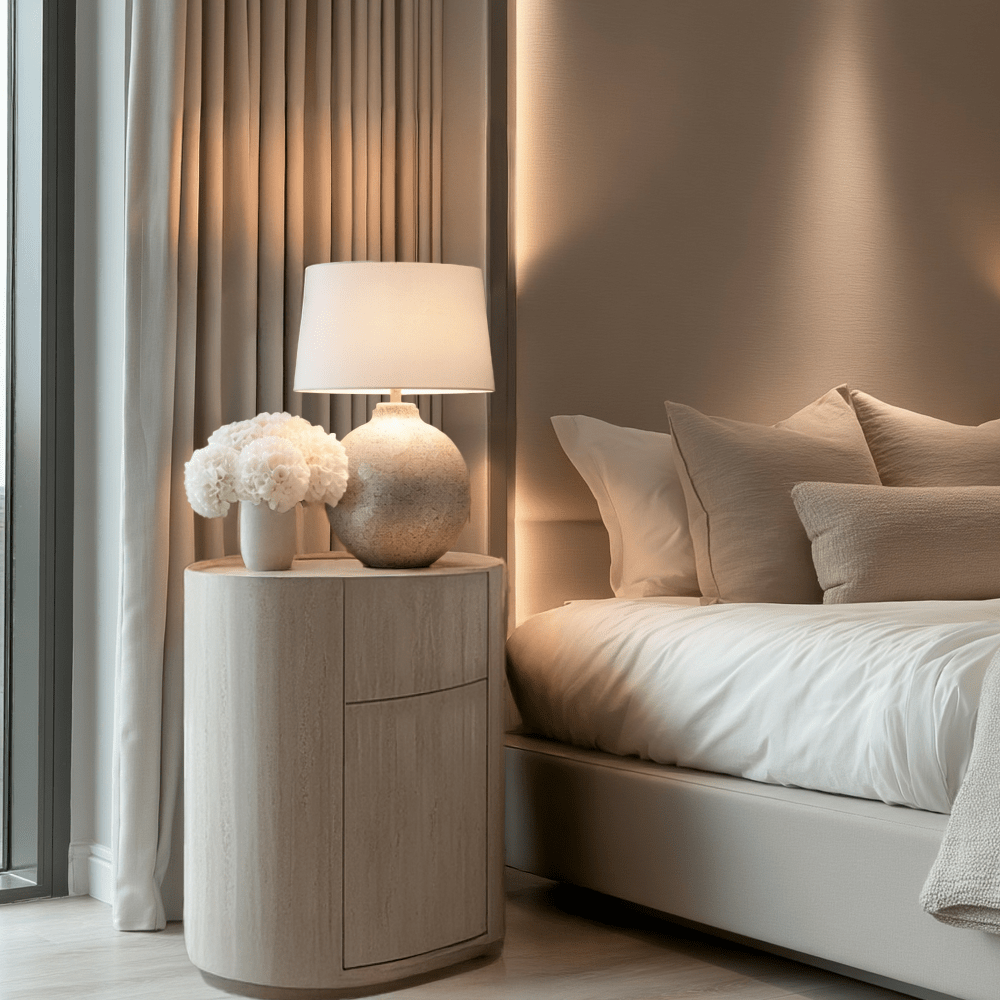 Moxin Travertine Effect Round Bedside Table Furniture