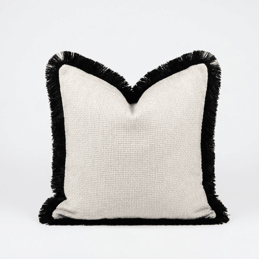 Nemia Cream Weaved Velvet Cushion with Black Fringe Detail- 50x50cm