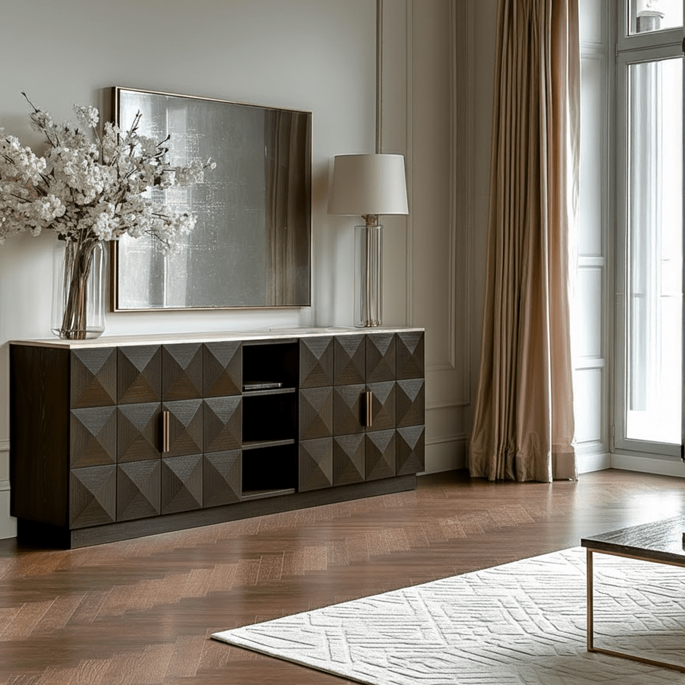 Norah Deep Brown 4 Door Sideboard with Shelving & Travertine Top Furniture